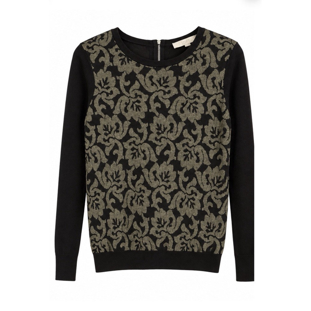 NWT LOFT Women's Black/Gold Glitter Floral Knit Crew Neck Pullover Sweater LP
